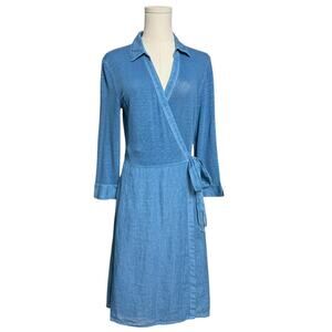 120% Lino Midi Wrap Dress Size Small long Sleeves Jersey Solid Color V-Neckline